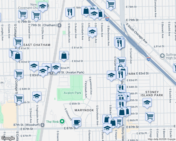 map of restaurants, bars, coffee shops, grocery stores, and more near 8229 South Kimbark Avenue in Chicago
