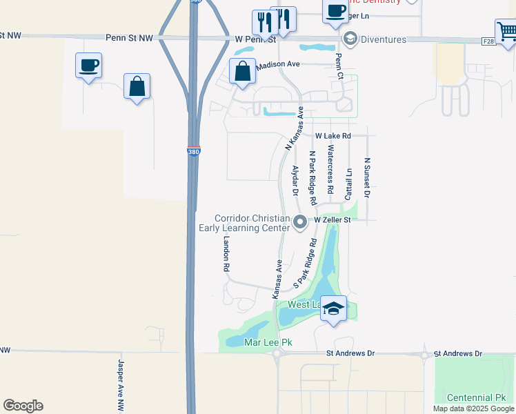 map of restaurants, bars, coffee shops, grocery stores, and more near 2310 Landon Road in North Liberty
