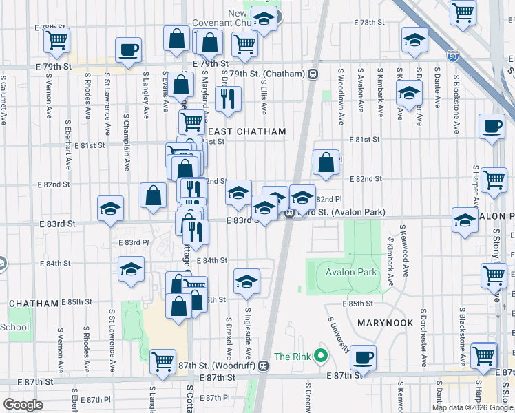 map of restaurants, bars, coffee shops, grocery stores, and more near 8229 South Ellis Avenue in Chicago