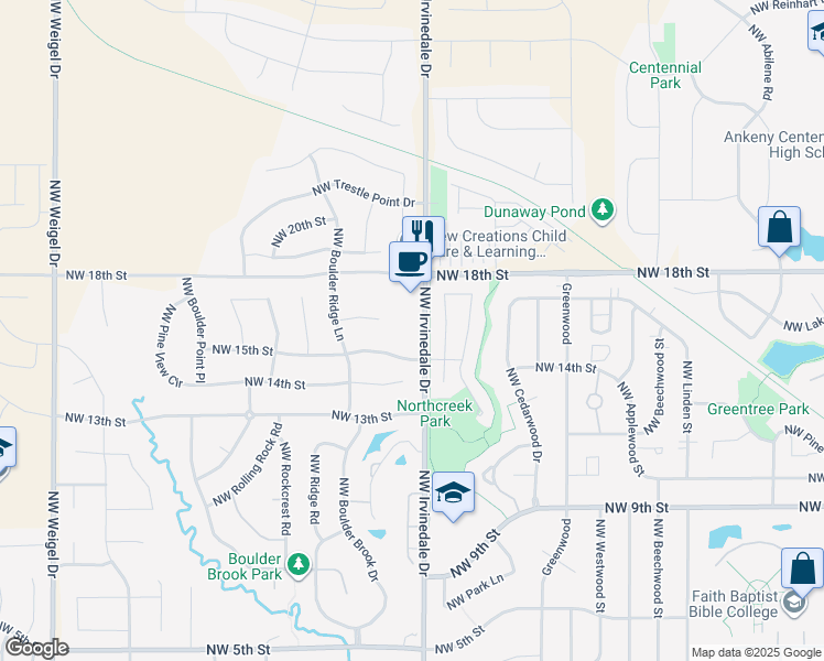 map of restaurants, bars, coffee shops, grocery stores, and more near 1520 Northwest Irvinedale Drive in Ankeny