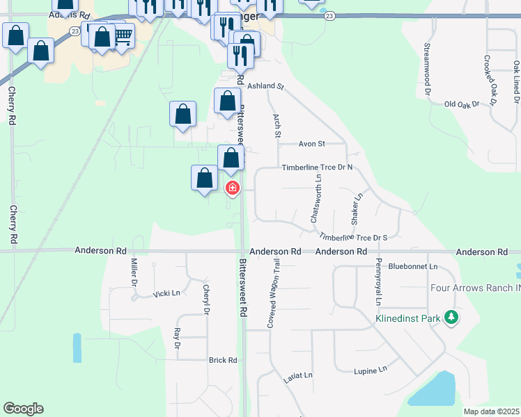map of restaurants, bars, coffee shops, grocery stores, and more near 51601 Fox Hollow Court in Granger