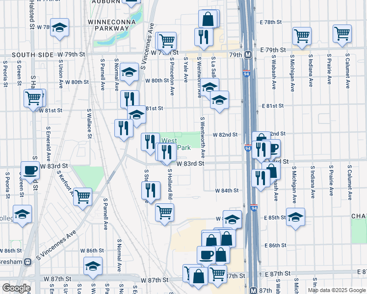 map of restaurants, bars, coffee shops, grocery stores, and more near 8223 South Princeton Avenue in Chicago