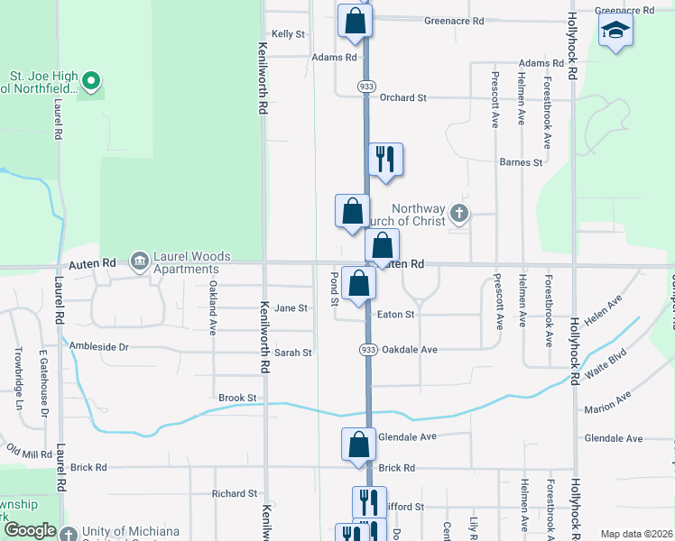 map of restaurants, bars, coffee shops, grocery stores, and more near 51467 Indiana 933 in South Bend