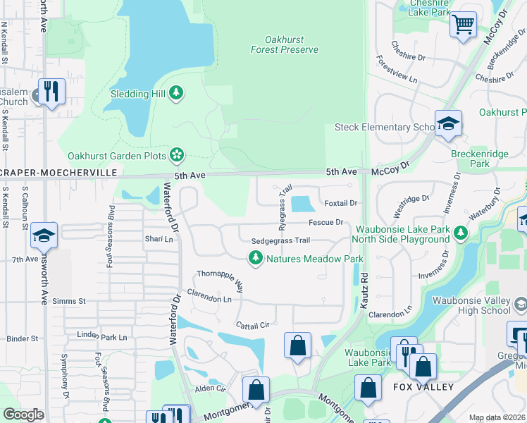 map of restaurants, bars, coffee shops, grocery stores, and more near 654 Spicebush Lane in Aurora