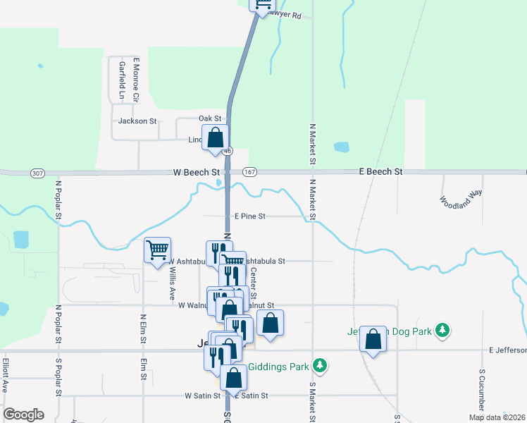 map of restaurants, bars, coffee shops, grocery stores, and more near 45 East Pine Street in Jefferson