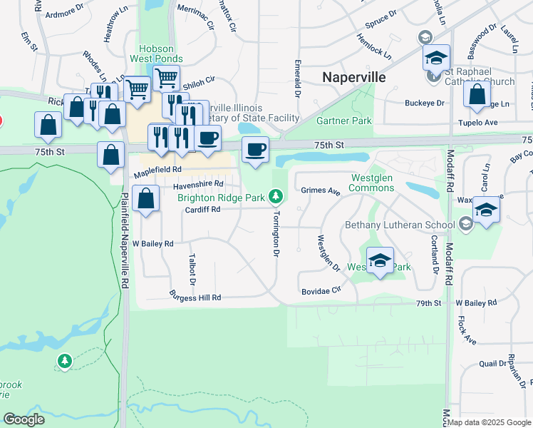 map of restaurants, bars, coffee shops, grocery stores, and more near 791 Torrington Drive in Naperville