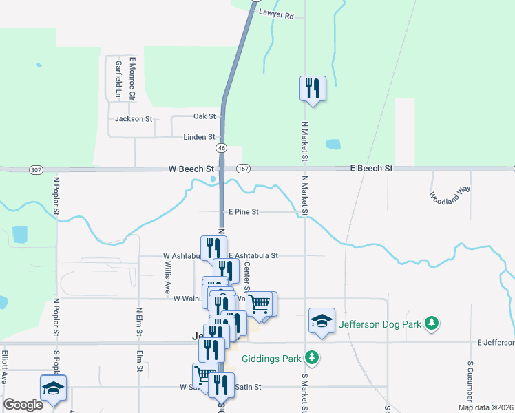 map of restaurants, bars, coffee shops, grocery stores, and more near 45 East Pine Street in Jefferson