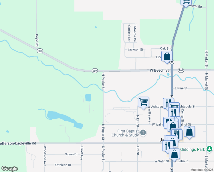 map of restaurants, bars, coffee shops, grocery stores, and more near 290 West Beech Street in Jefferson