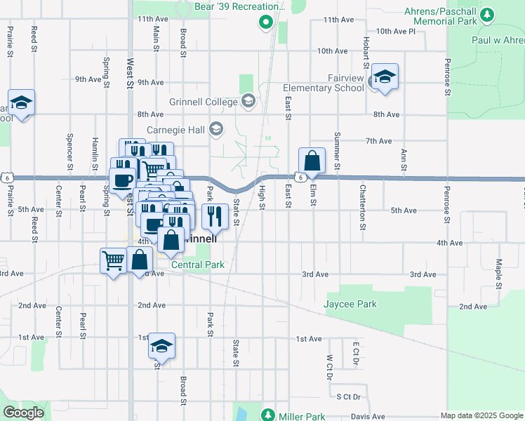map of restaurants, bars, coffee shops, grocery stores, and more near 5th Avenue in Grinnell