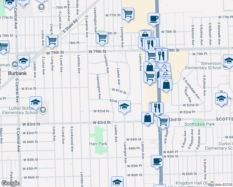 map of restaurants, bars, coffee shops, grocery stores, and more near 5019 West 81st Street in Burbank