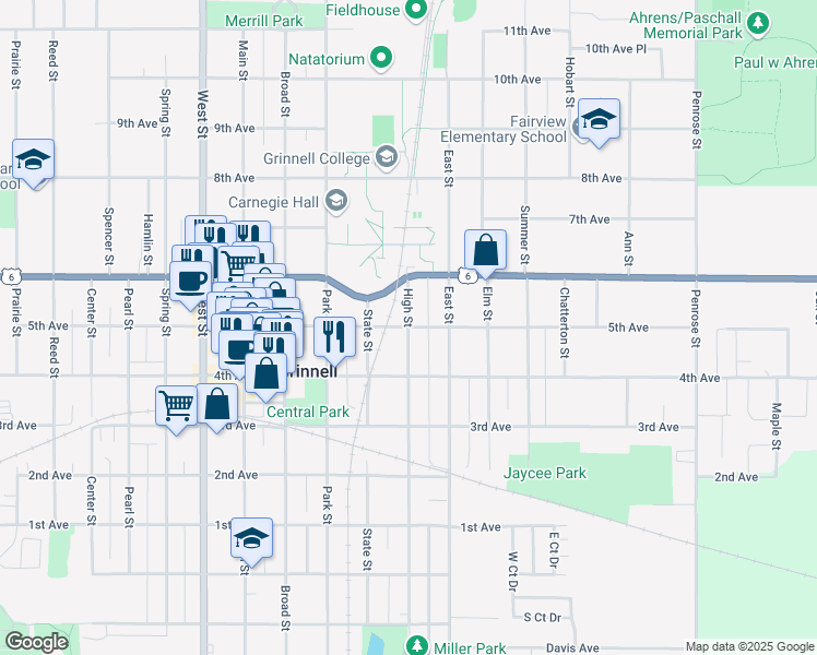map of restaurants, bars, coffee shops, grocery stores, and more near 5th Avenue in Grinnell