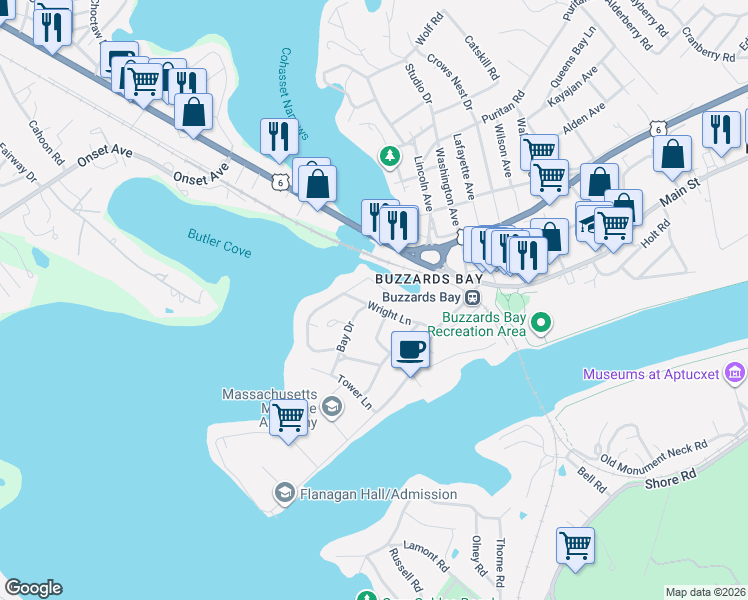 map of restaurants, bars, coffee shops, grocery stores, and more near 7 Harbor Place in Bourne