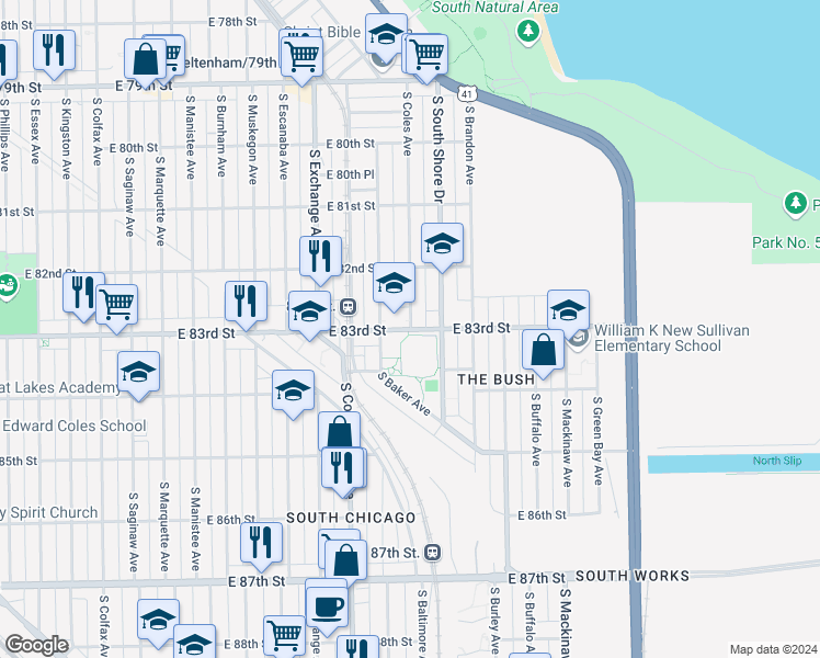 map of restaurants, bars, coffee shops, grocery stores, and more near 9600 South Coles Avenue in Chicago