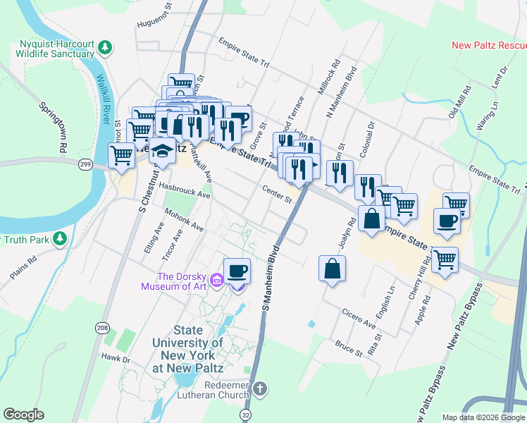 map of restaurants, bars, coffee shops, grocery stores, and more near 7 Ridge Road in New Paltz