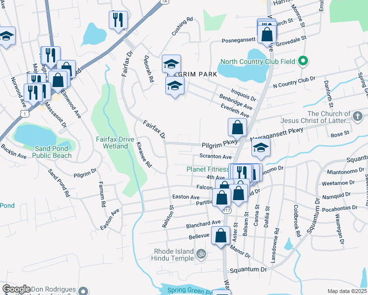 map of restaurants, bars, coffee shops, grocery stores, and more near 140 Pilgrim Parkway in Warwick