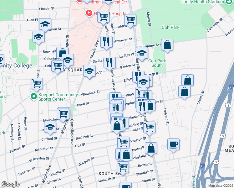 map of restaurants, bars, coffee shops, grocery stores, and more near 218 Franklin Avenue in Hartford
