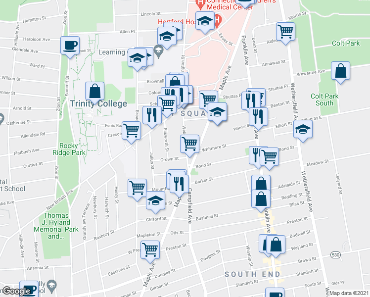 map of restaurants, bars, coffee shops, grocery stores, and more near 56 Webster Street in Hartford