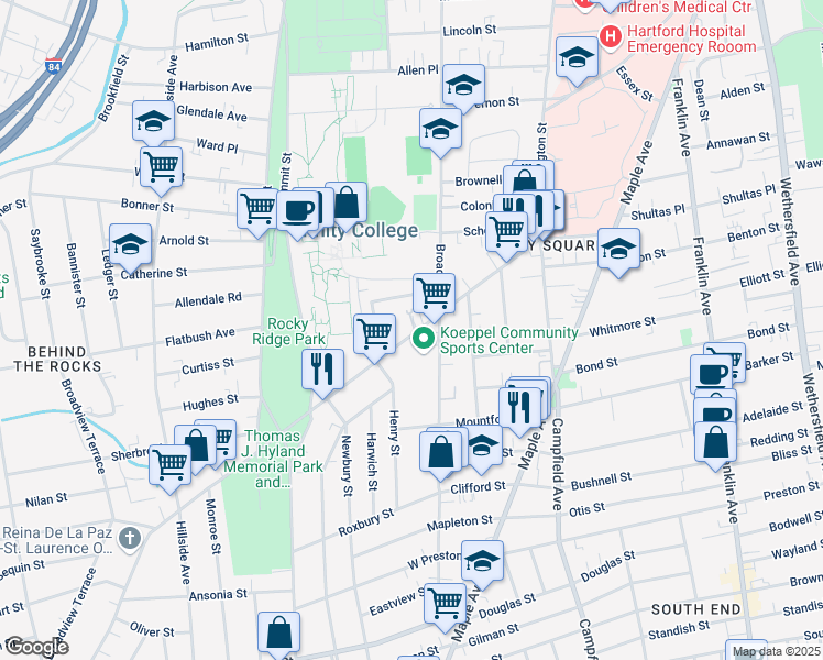 map of restaurants, bars, coffee shops, grocery stores, and more near 156 New Britain Avenue in Hartford