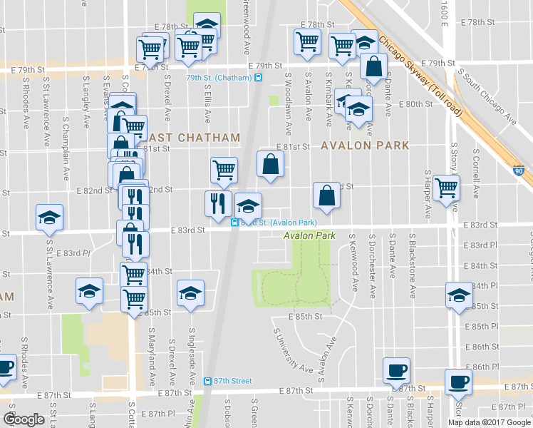 map of restaurants, bars, coffee shops, grocery stores, and more near 1113 East 82nd Place in Chicago