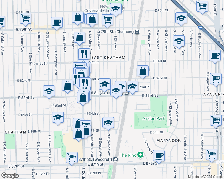 map of restaurants, bars, coffee shops, grocery stores, and more near 8222 South Ingleside Avenue in Chicago