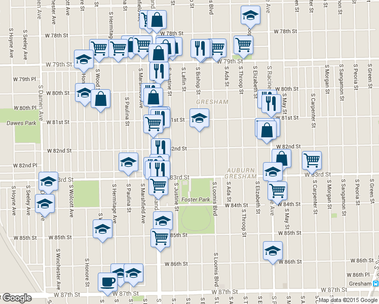 map of restaurants, bars, coffee shops, grocery stores, and more near 8200 South Bishop Street in Chicago