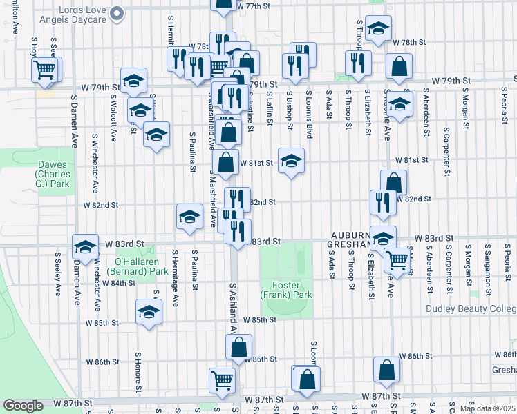 map of restaurants, bars, coffee shops, grocery stores, and more near 8159 South Justine Street in Chicago