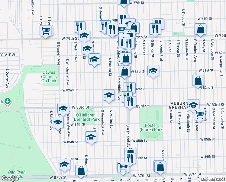 map of restaurants, bars, coffee shops, grocery stores, and more near 8158 South Paulina Street in Chicago