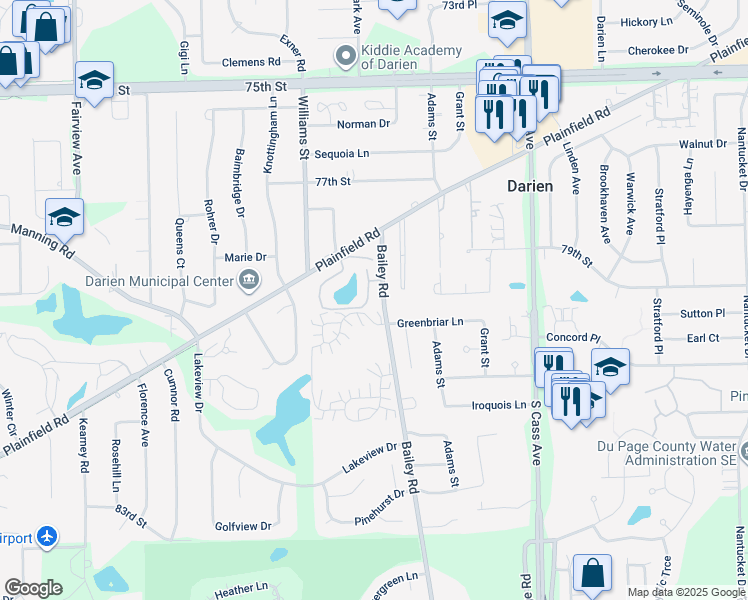 map of restaurants, bars, coffee shops, grocery stores, and more near 7830 Darien Lakes Drive in Darien