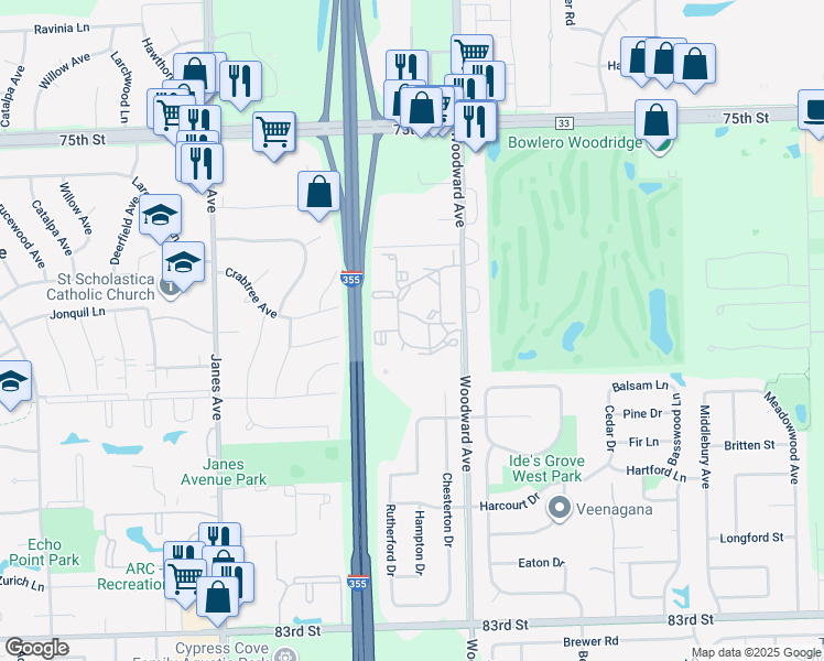map of restaurants, bars, coffee shops, grocery stores, and more near 2263 Country Club Drive in Woodridge