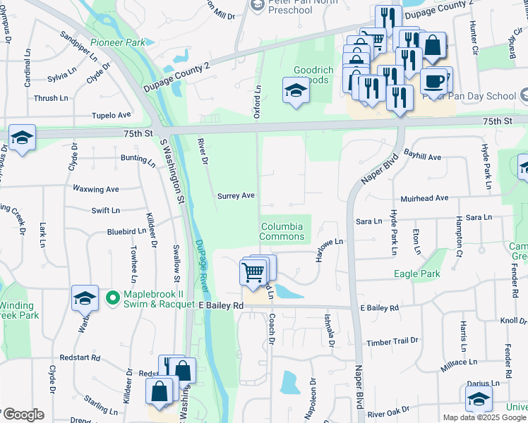 map of restaurants, bars, coffee shops, grocery stores, and more near 405 Brad Court in Naperville