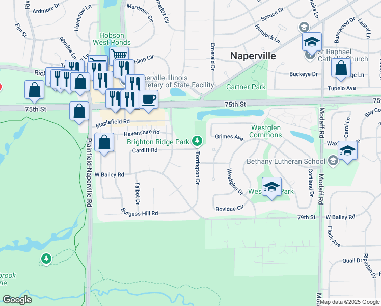 map of restaurants, bars, coffee shops, grocery stores, and more near 791 Torrington Drive in Naperville