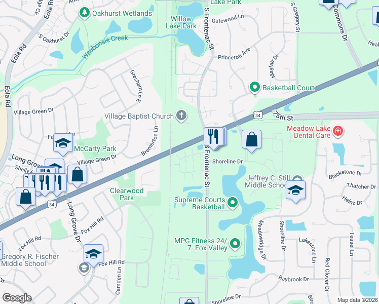 map of restaurants, bars, coffee shops, grocery stores, and more near 3357 Ravinia Circle in Aurora