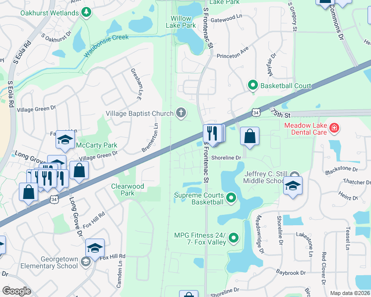map of restaurants, bars, coffee shops, grocery stores, and more near 3357 Ravinia Circle in Aurora