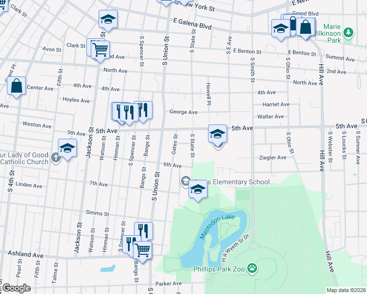 map of restaurants, bars, coffee shops, grocery stores, and more near 736 Schomer Avenue in Aurora