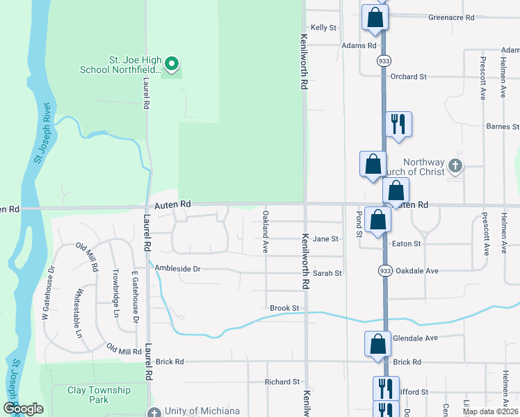 map of restaurants, bars, coffee shops, grocery stores, and more near 5150 Hamlin Court in South Bend