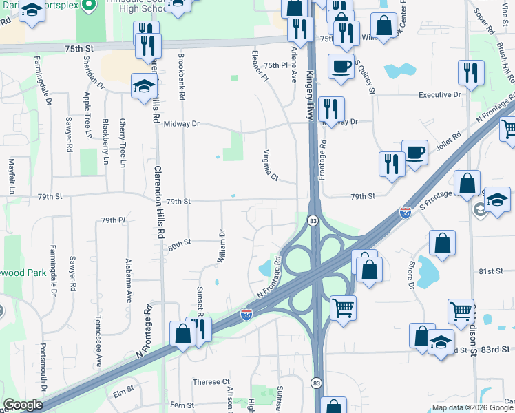 map of restaurants, bars, coffee shops, grocery stores, and more near 16W535 79th Street in Willowbrook