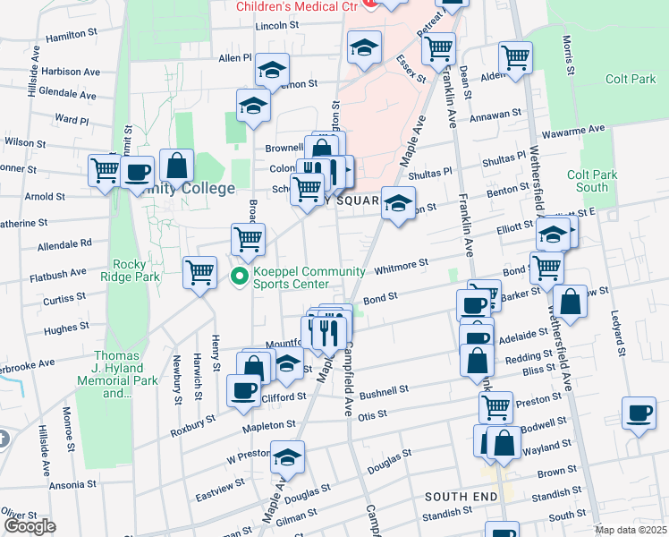 map of restaurants, bars, coffee shops, grocery stores, and more near 45 Webster Street in Hartford