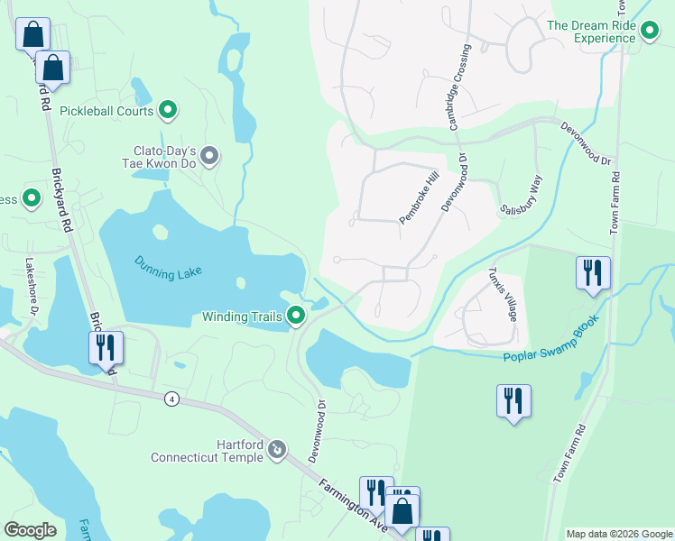 map of restaurants, bars, coffee shops, grocery stores, and more near 9 Essex Court in Farmington