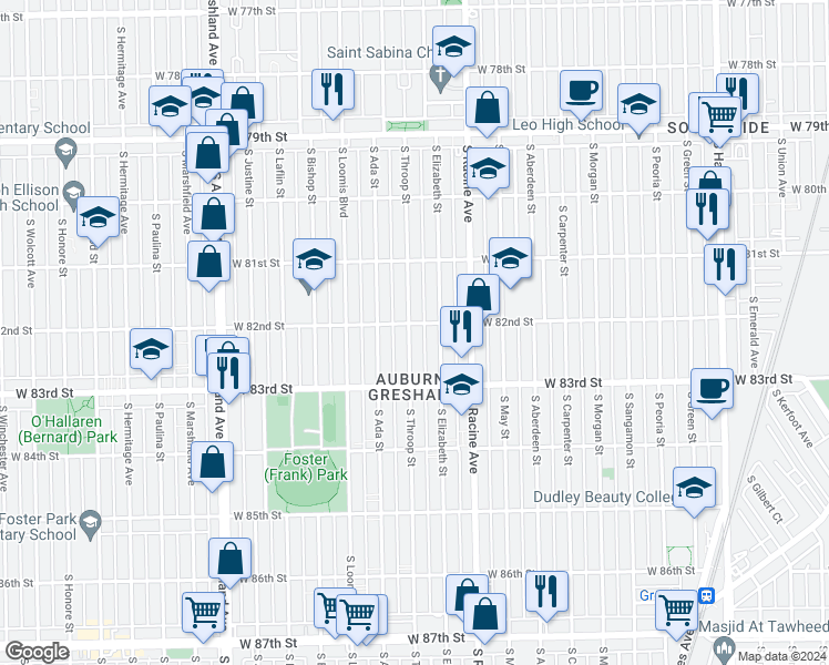 map of restaurants, bars, coffee shops, grocery stores, and more near 8205 South Throop Street in Chicago