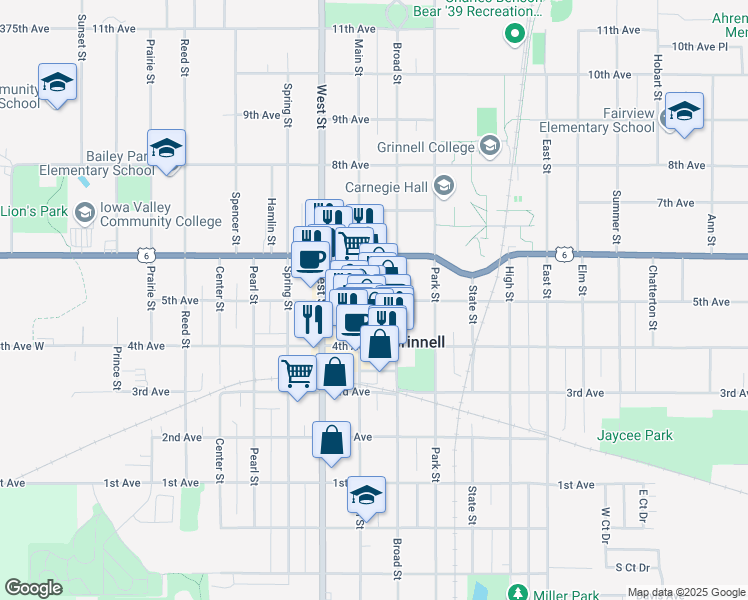 map of restaurants, bars, coffee shops, grocery stores, and more near 813 5th Avenue in Grinnell