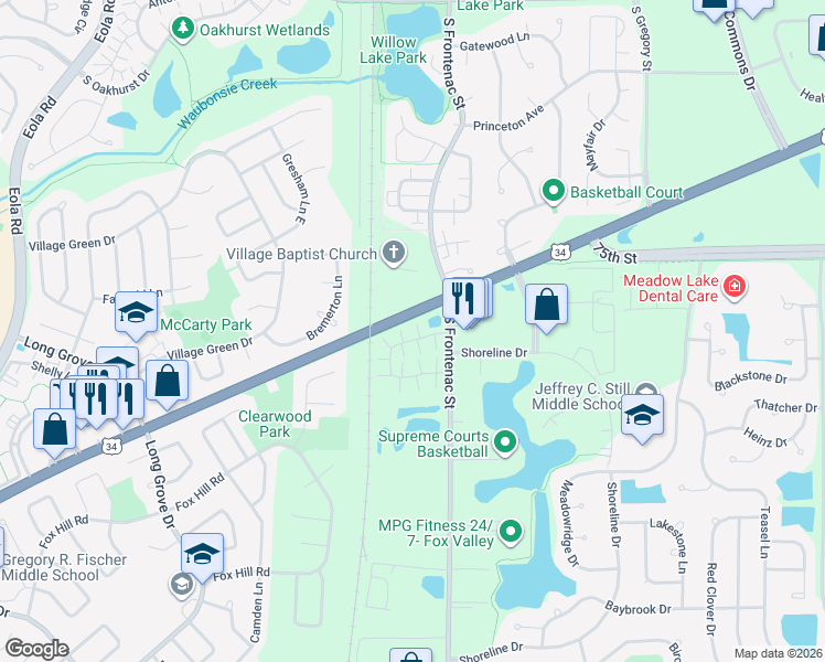 map of restaurants, bars, coffee shops, grocery stores, and more near 3357 Ravinia Circle in Aurora