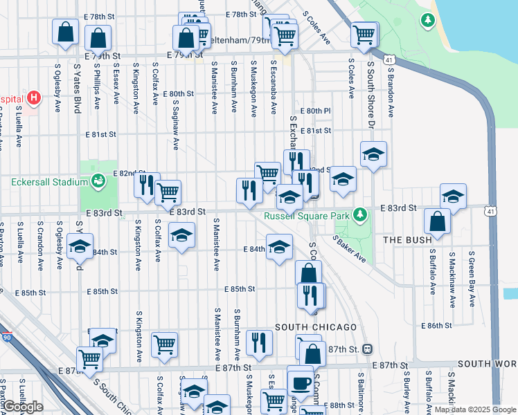 map of restaurants, bars, coffee shops, grocery stores, and more near 2834 East 83rd Street in Chicago