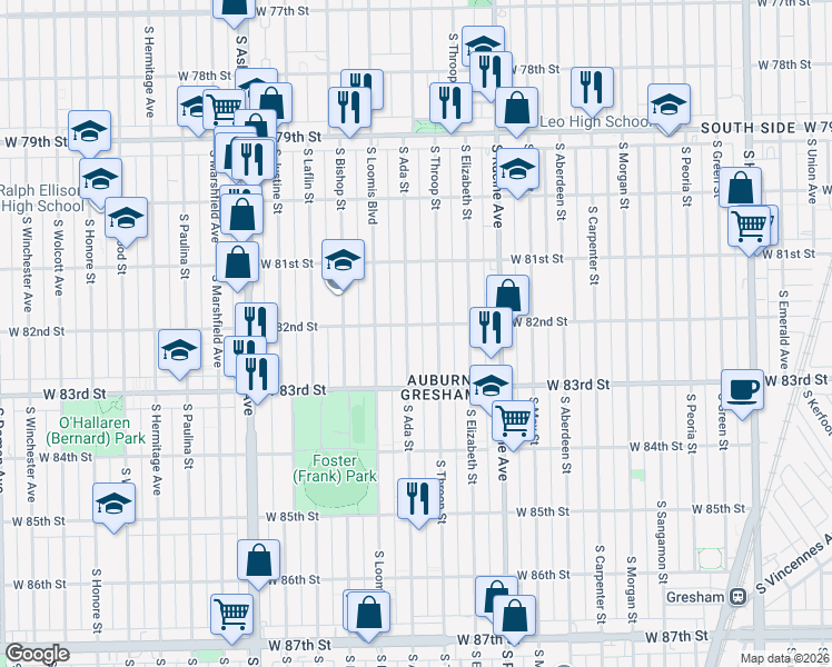 map of restaurants, bars, coffee shops, grocery stores, and more near 1322 West 82nd Street in Chicago