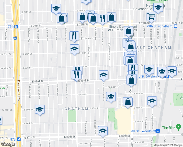 map of restaurants, bars, coffee shops, grocery stores, and more near 8233 South Eberhart Avenue in Chicago