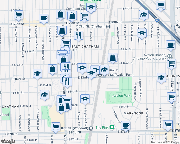 map of restaurants, bars, coffee shops, grocery stores, and more near 8229 South Ellis Avenue in Chicago