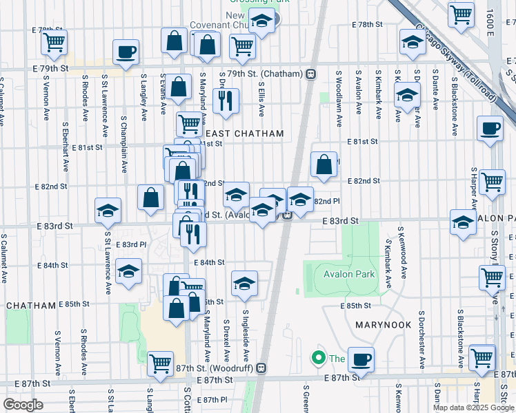 map of restaurants, bars, coffee shops, grocery stores, and more near 8238 South Ellis Avenue in Chicago