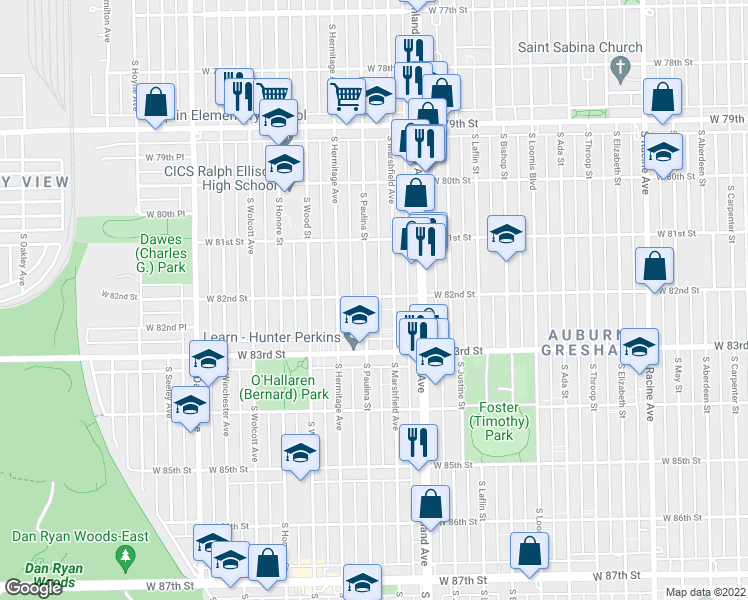 map of restaurants, bars, coffee shops, grocery stores, and more near 1655 West 82nd Street in Chicago