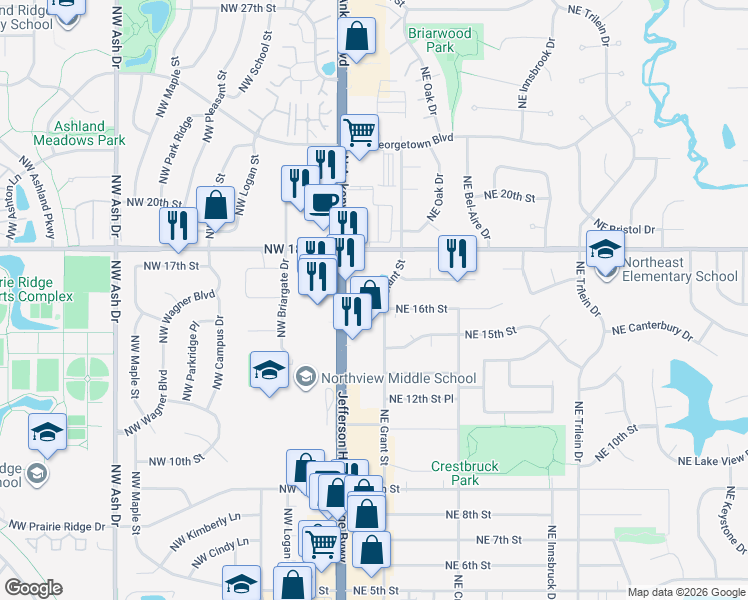 map of restaurants, bars, coffee shops, grocery stores, and more near 1607 Northeast Grant Street in Ankeny