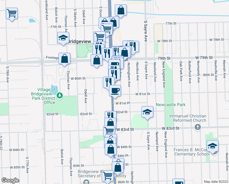 map of restaurants, bars, coffee shops, grocery stores, and more near 8059 South Harlem Avenue in Burbank
