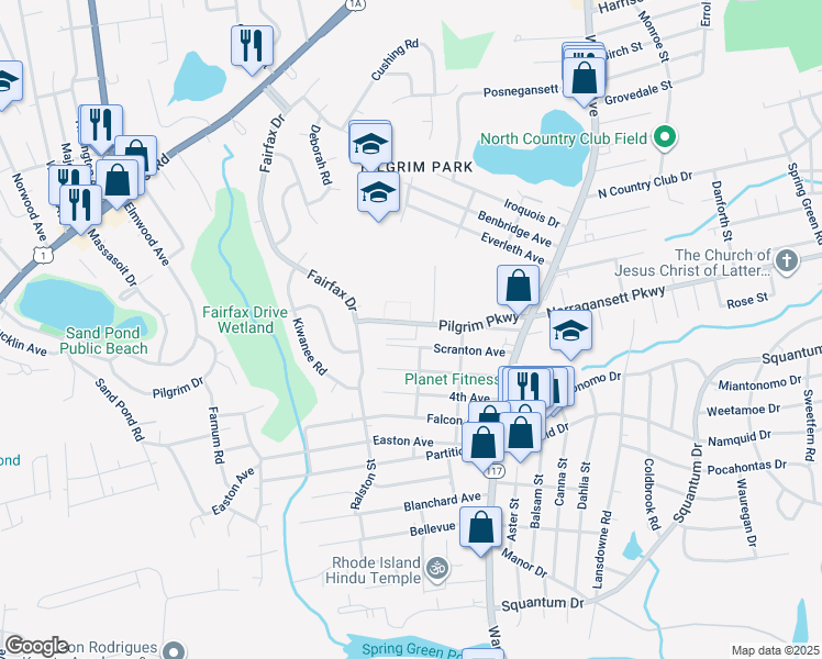 map of restaurants, bars, coffee shops, grocery stores, and more near 120 Pilgrim Parkway in Warwick